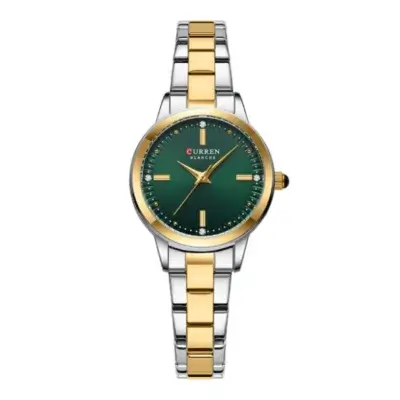 Montre Curren Blanche 9094 pour femme : cadran vert profond, lunette dorée, aiguilles dorées et strass aux positions 3, 6, 9 et 12 — design sophistiqué et moderne.