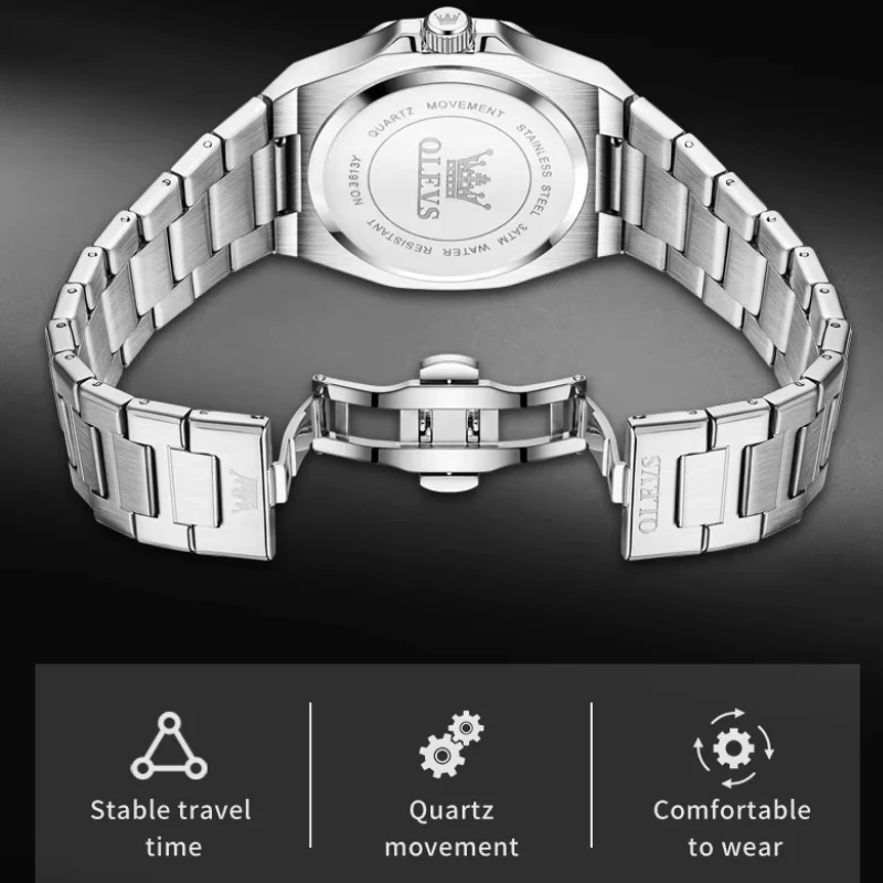 Dos de la montre OLEVS 3626 : gravure « QUARTZ MOVEMENT », « STAINLESS STEEL », « 3ATM WATER RESISTANT » et numéro de série. Avec icônes illustrant : précision horaire, mouvement quartz fiable et confort de port.