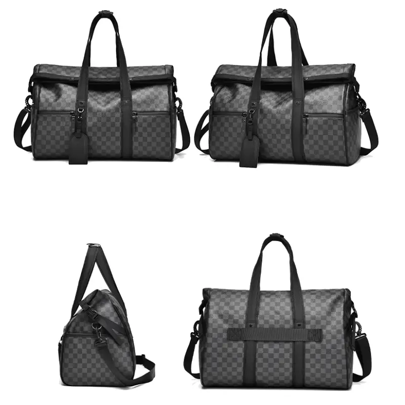 Sac de sport pratique en toile avec motif damier gris/noir, poignées robustes, bandoulière amovible et étiquette personnalisable — idéal pour la gym, le voyage ou la piscine.