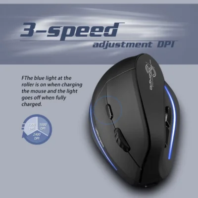 Souris sans fil F-35B avec réglage DPI à 3 vitesses (1000/1600/2400), LED bleue sur le molette indiquant l’état de charge — précision ajustable pour bureautique ou gaming léger.