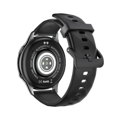 Dos de la montre connectée KUMI GW5 montrant les capteurs de santé, le Bluetooth 5.2 et la certification d'étanchéité IP68.