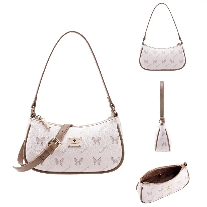 Présentation sous plusieurs angles du sac baguette blanc et marron avec motifs papillons, idéal pour un porté main ou épaule.