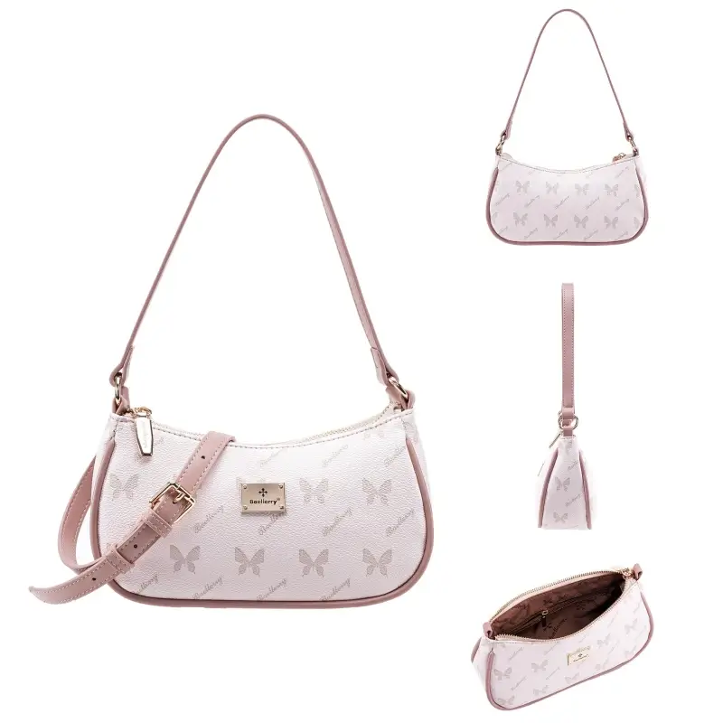 Vue d'ensemble du sac baguette rose : face avec bandoulière, profil fin et compartiment intérieur avec fermeture éclair.