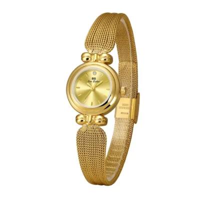 Montre bracelet pour femme BS Bee Sister FA1807 en acier doré avec petit cadran rond et bracelet en maille fine.