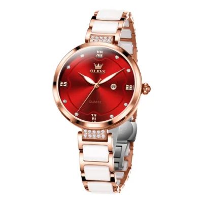 Montre luxe pour femme OLEVS 5589 avec cadran rouge rubis, index en diamants et bracelet bicolore or rose et céramique blanche.