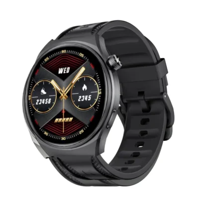 Montre connectée KUMI GW6 noire avec boîtier robuste, puce NFC intégrée et suivi des calories et du sport.