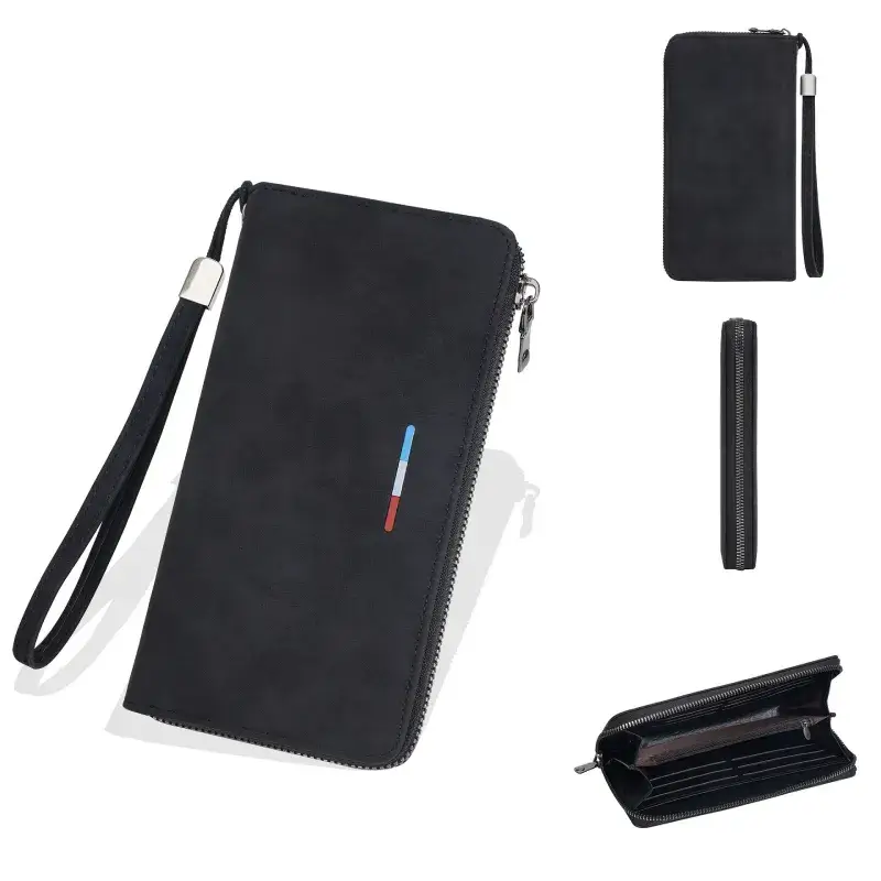 Portefeuille homme long zippé noir : vue frontale, latérale et intérieure — inclut fentes pour cartes, poche transparente, compartiment pour billets et section zippée. Idéal pour une organisation optimale.