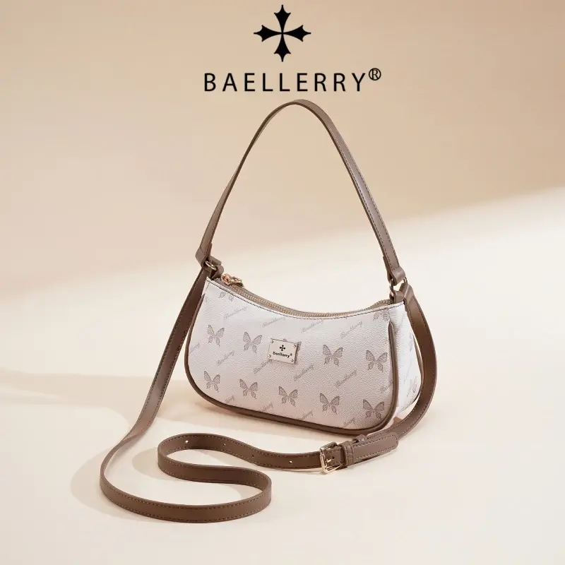 Sac baguette blanc pour femme avec imprimé papillons marron et bandoulière ajustable, marque Baellerry.