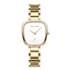 Montre femme HANNAH MARTIN minimaliste avec boîtier carré doré or rose, cadran blanc épuré et bracelet mailles métalliques assorti — design élégant et raffiné, parfaite accessoire de mode pour tenue chic ou décontractée.
