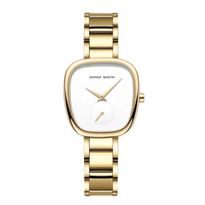 Montre femme HANNAH MARTIN minimaliste avec boîtier carré doré or rose, cadran blanc épuré et bracelet mailles métalliques assorti — design élégant et raffiné, parfaite accessoire de mode pour tenue chic ou décontractée.