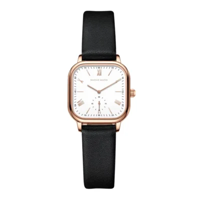 Montre carrée HANNAH MARTIN pour femme avec boîtier or rose élégant, cadran blanc à chiffres romains et aiguilles dorées, bracelet cuir noir texturé — design minimaliste et raffiné, accessoire de mode parfait pour tenue chic ou décontractée.
