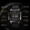 Schéma fonctionnel de la montre numérique OLEVS 1103 détaillant les boutons et l'affichage LED : calendrier, lumière luminova, mode, alarme, secondes et étanchéité 30M.