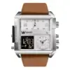 Montre homme OLEVS 1101 carrée avec boîtier argenté et bracelet cuir marron, affichant une combinaison unique d'aiguilles analogiques et d'écran digital pour double fuseau horaire.