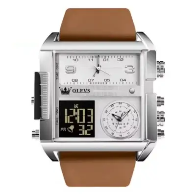 Montre homme OLEVS 1101 carrée avec boîtier argenté et bracelet cuir marron, affichant une combinaison unique d'aiguilles analogiques et d'écran digital pour double fuseau horaire.