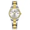 Vue de face de la montre OLEVS 3621 femme sur fond blanc, cadran nacré avec index cristaux et lunette dorée, style classique et moderne pour femme.