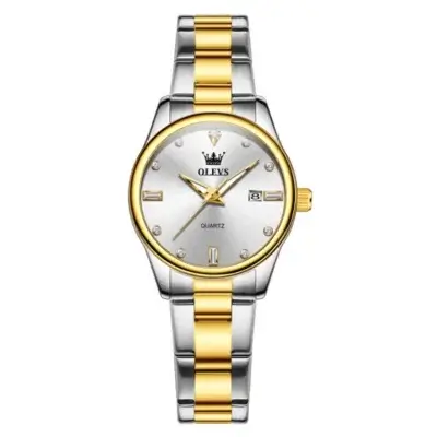 Vue de face de la montre OLEVS 3621 femme sur fond blanc, cadran nacré avec index cristaux et lunette dorée, style classique et moderne pour femme.