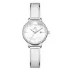 Montre femme OLEVS 5656 élégante avec cadran blanc nacré serti de cristaux scintillants et bracelet en acier inoxydable argenté, design fin et moderne.