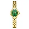 Vue de face de la montre OLEVS 5666 femme sur fond blanc, boîtier doré forme originale, cadran vert rayé avec index cristaux et bracelet acier plaqué or.