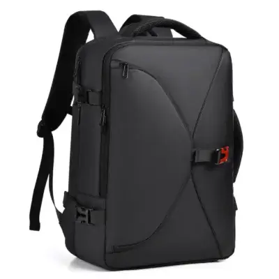 Sac à dos business noir pour homme avec design géométrique moderne et boucle de fermeture rapide orange, étanche et adapté pour ordinateur 15 pouces.