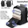 Intérieur organisé du sac à dos montrant l'extension de capacité de 30L à 40L, avec compartiments pour vêtements (Zone A), accessoires (Zone B, C, D) et ordinateur portable (Zone E).