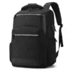 Sac à dos ordinateur noir vue de face, doté de multiples compartiments zippés et d'un design professionnel robuste, adapté pour ordinateur portable 16 pouces.