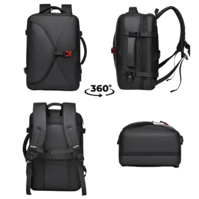 Vue 360 degrés du sac à dos business noir présentant les bretelles rembourrées, le dos anti-vol, et la poignée latérale permettant un transport style valise ou sac de sport.
