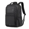 Sac à dos noir mat grande capacité avec poche latérale élastique pour bouteille d'eau et compartiment sécurisé pour ordinateur 16 pouces.