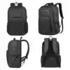 Sac à dos ordinateur 16 pouces étanche avec USB, présentation complète montrant les faces avant et arrière, le port de charge et le dos ergonomique rembourré.