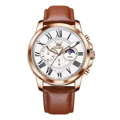 Montre homme OLEVS 3632 de luxe avec boîtier or rose et bracelet en cuir marron, cadran blanc à chiffres romains avec fonction chronographe et phase de lune — design élégant et raffiné.