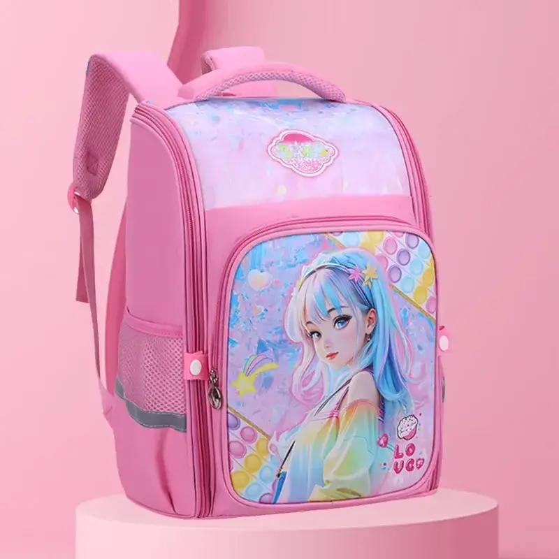 Sac à dos école primaire pour fille, design rose avec motif de fille anime aux cheveux bleus et roses style kawaii, poche latérale en filet et bandes réfléchissantes — cartable léger et moderne.