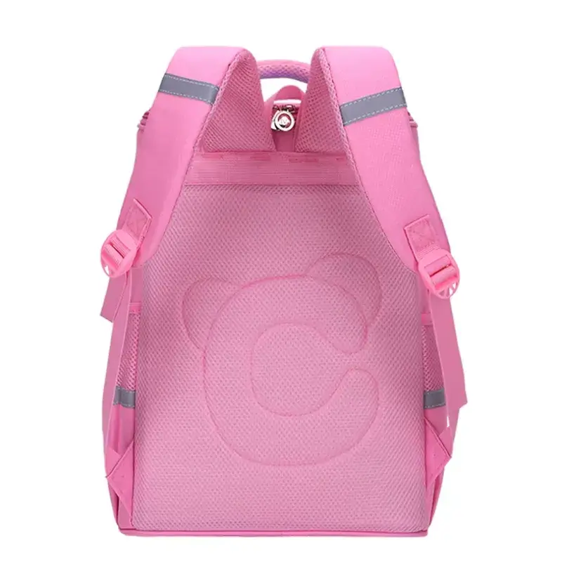 Dos du cartable scolaire fille rose avec rembourrage ergonomique en forme d'ours en relief, bretelles ajustables et bandes réfléchissantes pour la sécurité et le confort des écolières au quotidien.