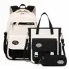 Ensemble scolaire 3 pièces blanc et noir pour fille comprenant sac à dos JIANGLIDA, sac bandoulière avec porte-clés lapin en peluche et trousse assortie — set complet imperméable et tendance pour primaire et collège, design "HAPPY EVERYDAY".