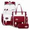 Set scolaire 3 pièces blanc et rouge bordeaux pour fille avec sac à dos ergonomique, sac à main bandoulière et trousse assortie, orné de porte-clés lapin en peluche — ensemble imperméable et coloré pour primaire et collège, design "HAPPY EVERYDAY".