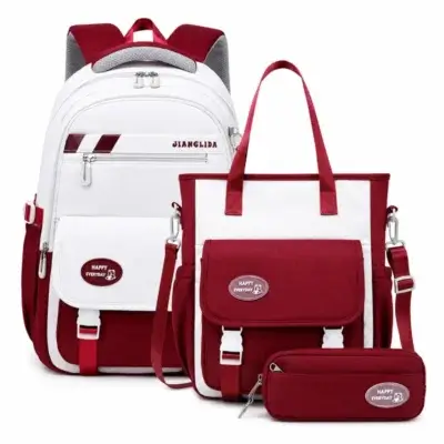 Set scolaire 3 pièces blanc et rouge bordeaux pour fille avec sac à dos ergonomique, sac à main bandoulière et trousse assortie, orné de porte-clés lapin en peluche — ensemble imperméable et coloré pour primaire et collège, design "HAPPY EVERYDAY".