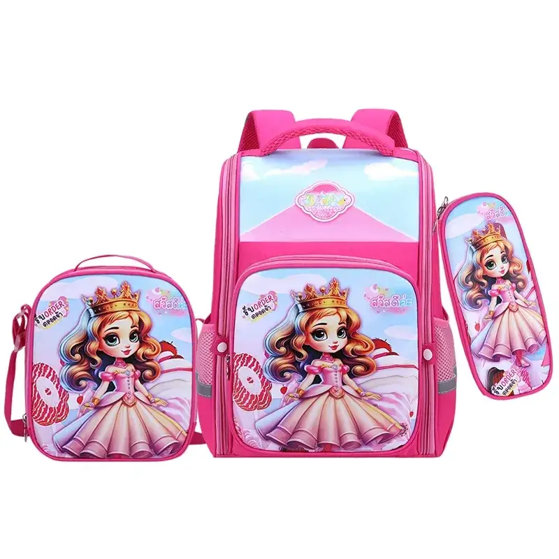 Ensemble cartable scolaire 3 pièces imperméable pour fille comprenant sac à dos, sac à déjeuner et trousse assortis, motif princesse rose avec couronne — set complet idéal pour la rentrée à l'école élémentaire.