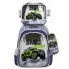 Ensemble scolaire 3 pièces imperméable thème Jeep Offroad Adventure avec sac à dos, sac à déjeuner isotherme et trousse assortie — design 4x4 vert et gris pour garçon, parfait pour l'école primaire et les activités de plein air.