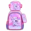 Set complet école élémentaire avec sac à dos, lunch bag et trousse motif licorne ailée rose et violette sur fond nuages étoilés — ensemble imperméable et lumineux pour fille, accessoire scolaire pratique et enchanté.