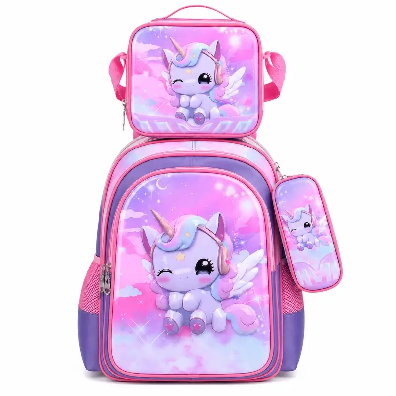 Set complet école élémentaire avec sac à dos, lunch bag et trousse motif licorne ailée rose et violette sur fond nuages étoilés — ensemble imperméable et lumineux pour fille, accessoire scolaire pratique et enchanté.