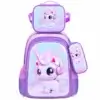 Ensemble scolaire fille 3 pièces imperméable thème licorne magique violette et rose avec château, incluant cartable, sac déjeuner et trousse à crayons assortis — design kawaii parfait pour la maternelle et l'école élémentaire.