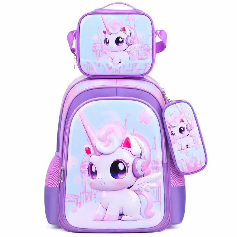 Ensemble scolaire fille 3 pièces imperméable thème licorne magique violette et rose avec château, incluant cartable, sac déjeuner et trousse à crayons assortis — design kawaii parfait pour la maternelle et l'école élémentaire.