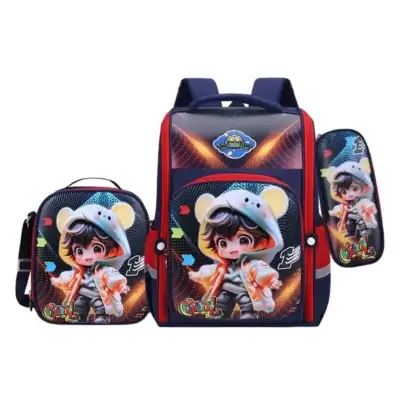 Set cartable école garçon 3 pièces imperméable avec personnage de dessin animé portant un sweat à capuche ours, design dynamique et coloré bleu et rouge, parfait pour l'école primaire.