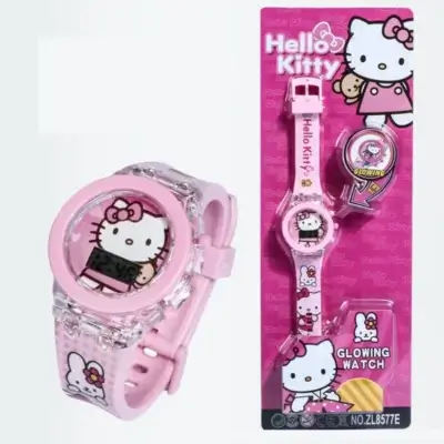 Montre enfant Hello Kitty rose avec affichage numérique, bracelet en silicone confortable et blister de vente mettant en avant la fonction glowing watch.