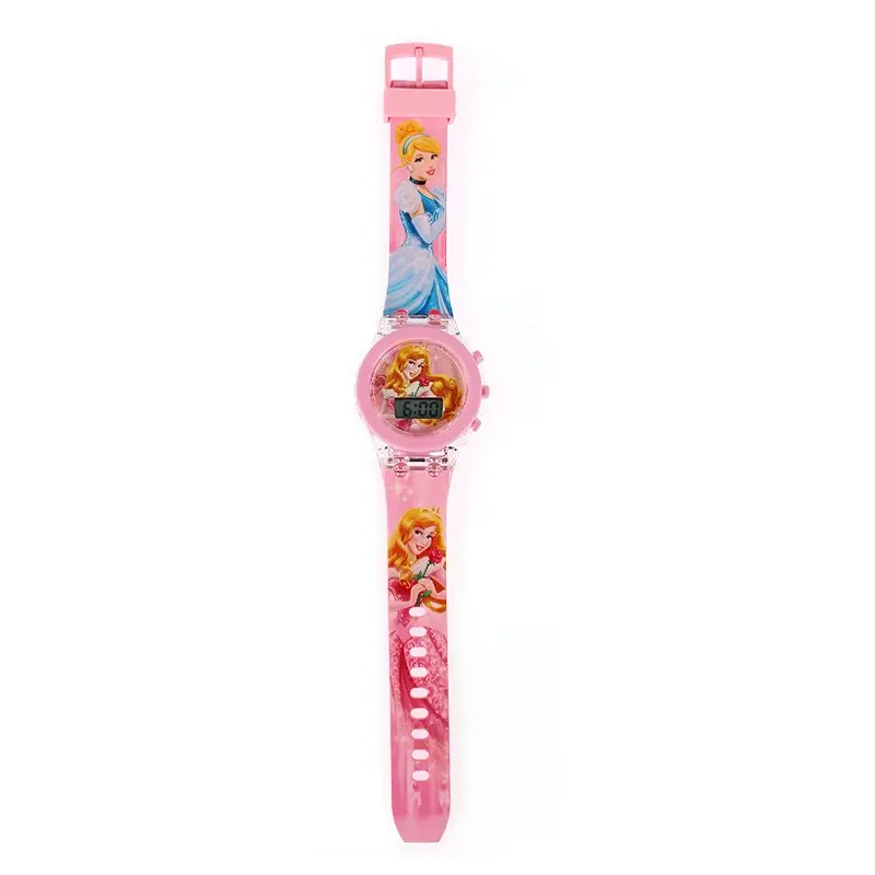 Montre électronique rose pour enfant avec motifs de princesses Disney (Cendrillon et Aurore), bracelet en silicone décoré et cadran digital lumineux — cadeau idéal pour les petites filles.