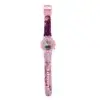 Montre digitale fille thème La Reine des Neiges avec Elsa et Anna, bracelet en silicone rose et violet imprimé, cadran transparent avec affichage LED — montre enfant résistante et amusante.