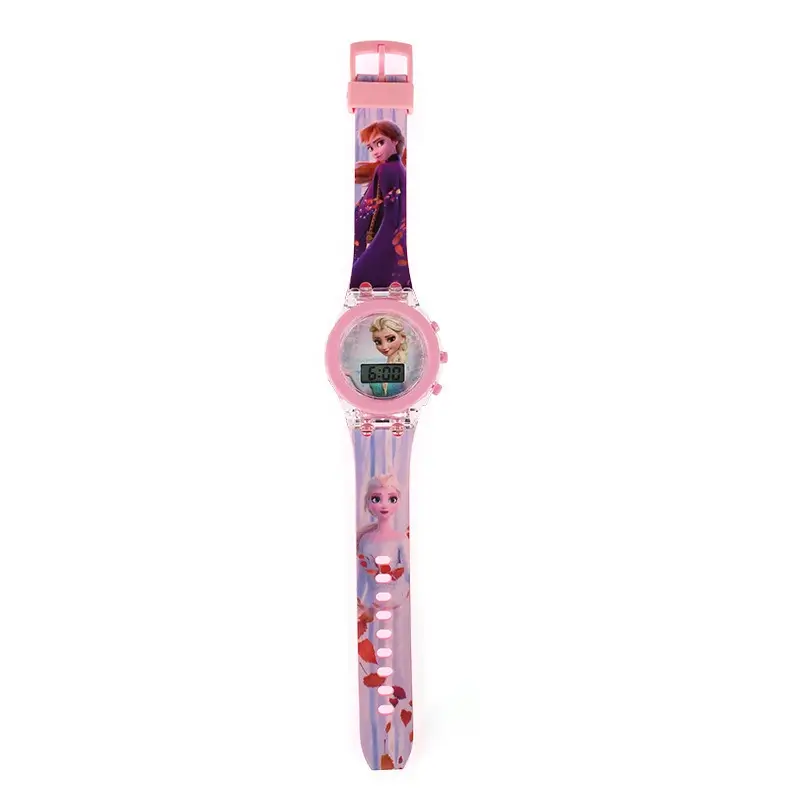 Montre digitale fille thème La Reine des Neiges avec Elsa et Anna, bracelet en silicone rose et violet imprimé, cadran transparent avec affichage LED — montre enfant résistante et amusante.