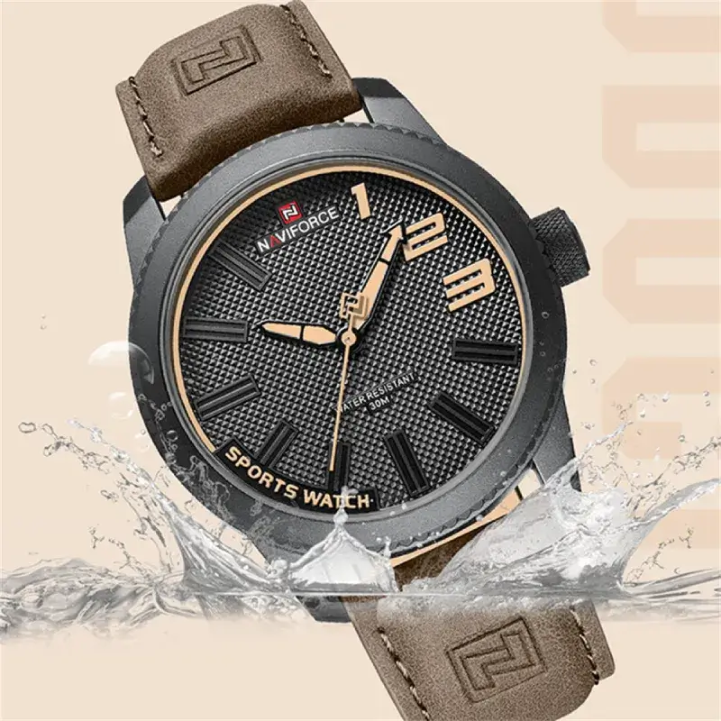 Montre homme NAVIFORCE NF9202L étanche 30M avec bracelet cuir marron, résistante aux éclaboussures et conçue pour le sport.