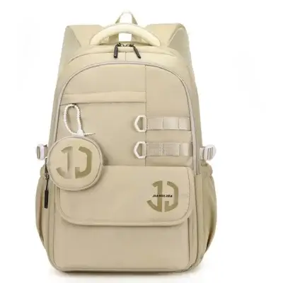Sac à dos scolaire adolescent beige crème grande capacité JIANGLIDA avec logo JJ, multiples compartiments zippés, sangles de compression et porte-monnaie assorti attaché — imperméable et résistant, parfait pour le collège, le lycée et l'université, design moderne et fonctionnel.
