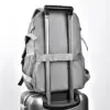 Dos du sac à dos étanche gris fixé sur une valise à roulettes grâce à la sangle bagage intégrée, fonction pratique pour les déplacements en avion, en train ou les voyages d'affaires.
