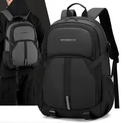 Montage comparatif du sac à dos Wepower montrant la vue portée sur le dos et la vue de face détaillée, disponible en noir et gris — sac grande capacité imperméable avec bandes réfléchissantes pour sécurité nocturne.