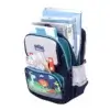 Sac cartable primaire enfant Beisite bleu marine ouvert montrant sa grande capacité de rangement avec livres, cahiers et fournitures scolaires organisés dans les multiples compartiments, poche avant motif dinosaure et lion, trousse assortie et poche latérale en mesh pour gourde — cartable imperméable et ergonomique idéal pour l'école élémentaire.
